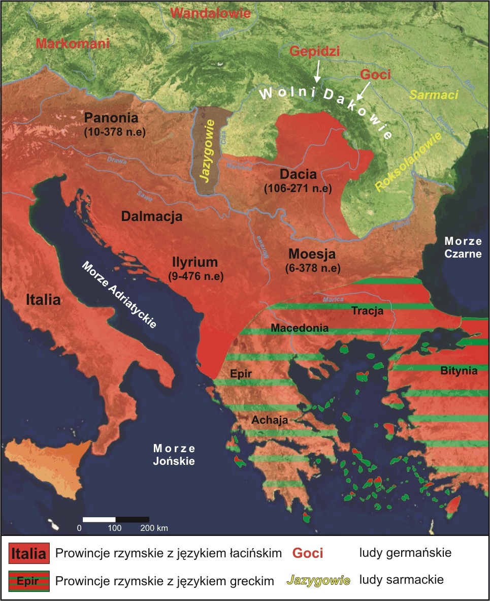 Ryc. 2. Latinizacja Bałkanów za czasów ekspansji Imperium Rzymskiego (I - IV w. n.e.), oprac. Piotr Kłapyta